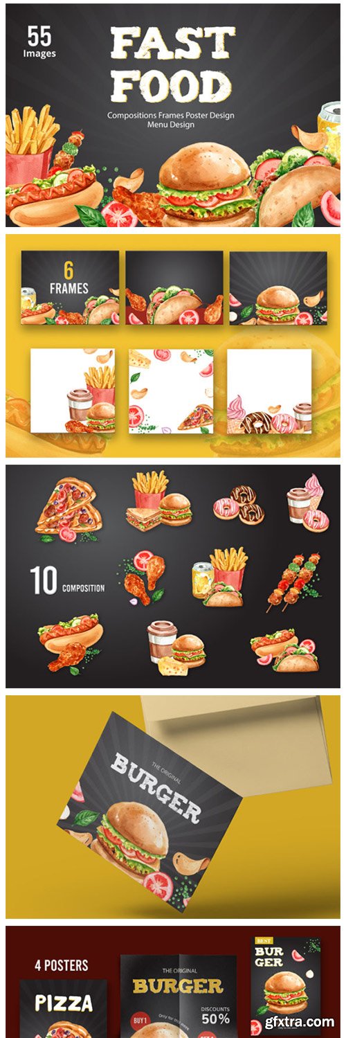 Fastfood Watercolor Illustrarion Set 7190028