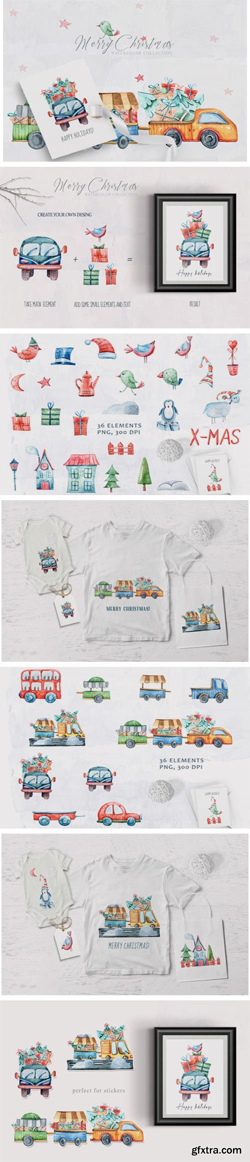 Watercolor Christmas Clipart. Truck Set 6942463