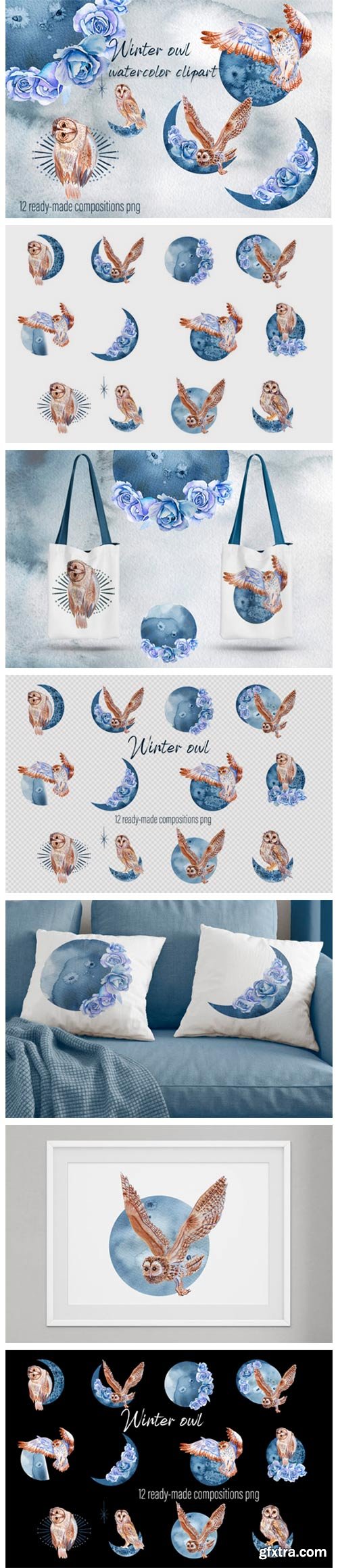 Winter Birds - Owl. Watercolor Set 6946848