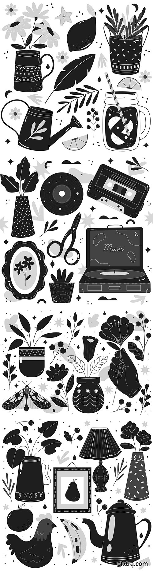 Objects and flowers painted colorless illustrations
