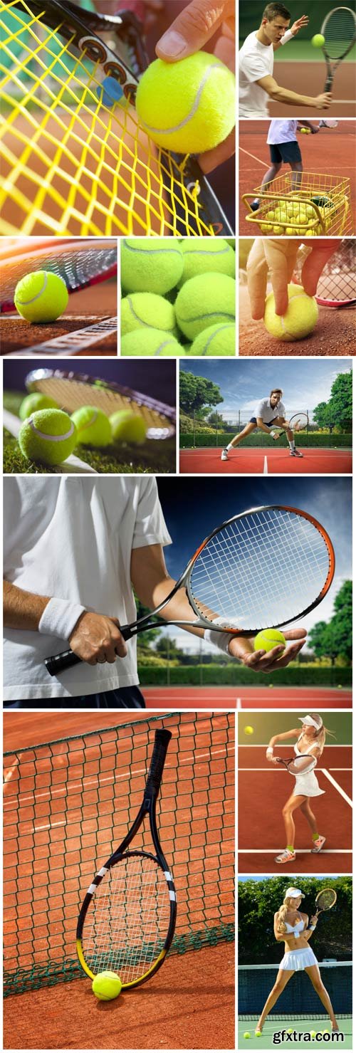 Tennis balls and tennis racket stock photo