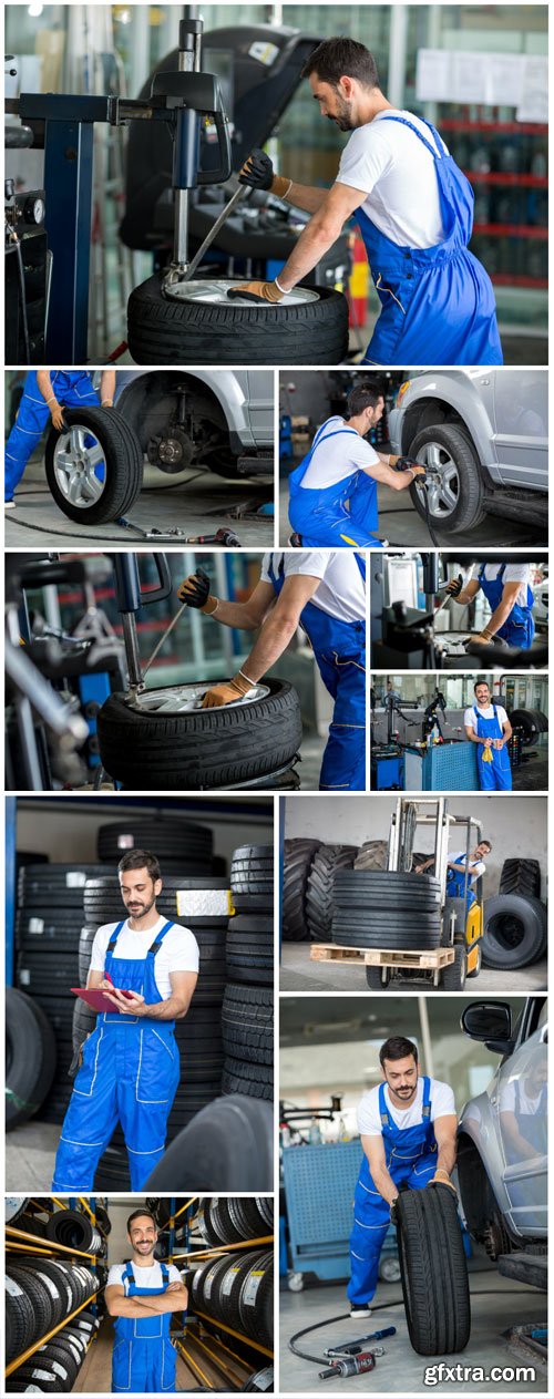 Car repair shop, tire fitting stock photo