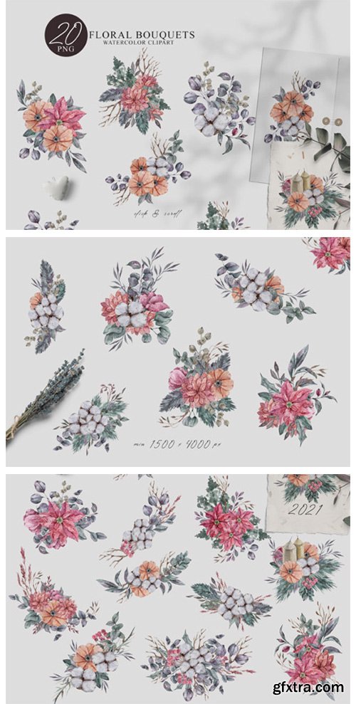 Watercolor Christmas Bouquet Clipart Set 6951496