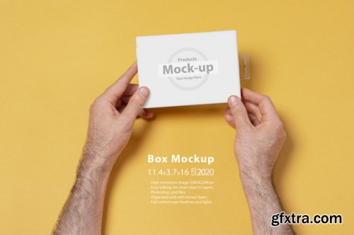 Hand holding blank, box notes mockup