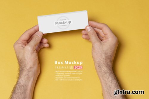 Hand holding blank, box notes mockup