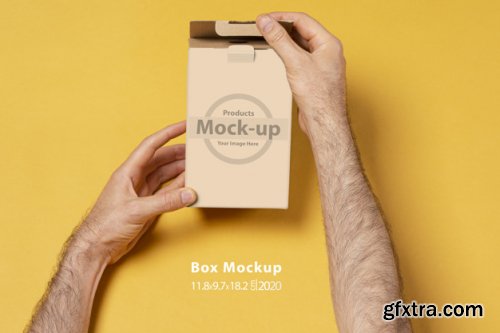 Hand holding blank, box notes mockup