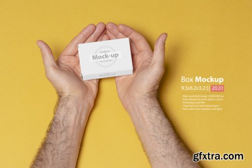 Hand holding blank, box notes mockup