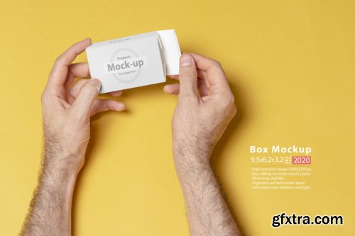 Hand holding blank, box notes mockup