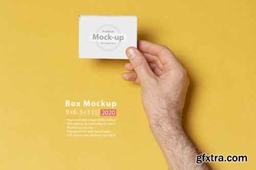 Hand holding blank, box notes mockup