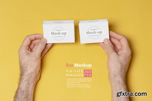 Hand holding blank, box notes mockup