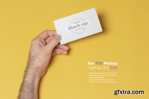 Hand holding blank, box notes mockup