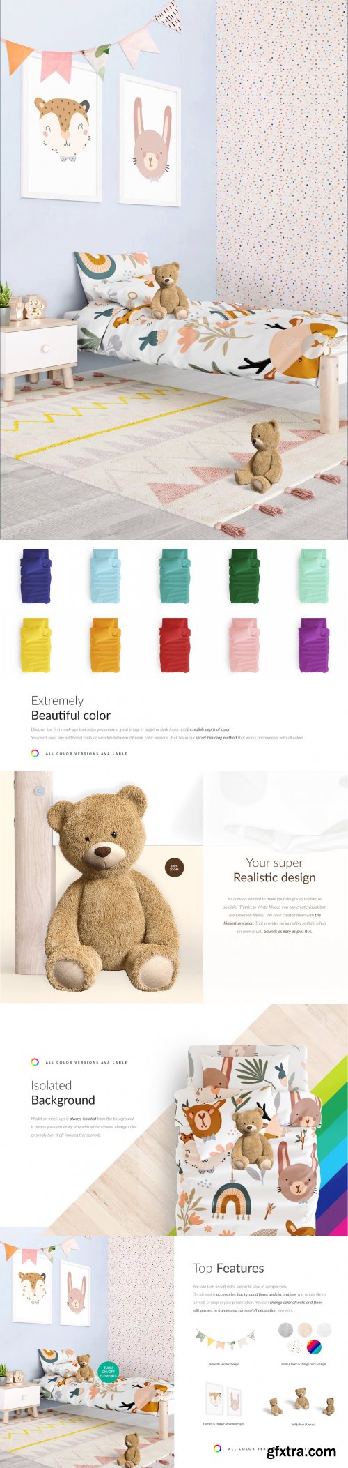 CreativeMarket - Kids Beddings Mock-ups Set on 3D 5579996