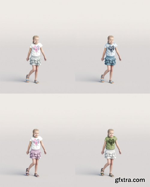 Humano Casual child girl in skirt standing and looking 0207 3D model