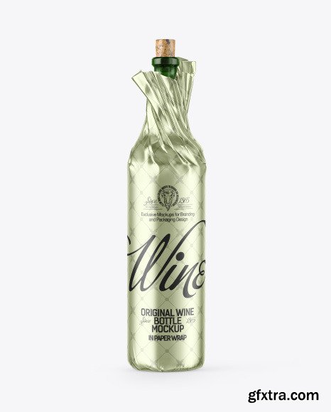 Wine Bottle in Metallic Paper Wrap Mockup 73015