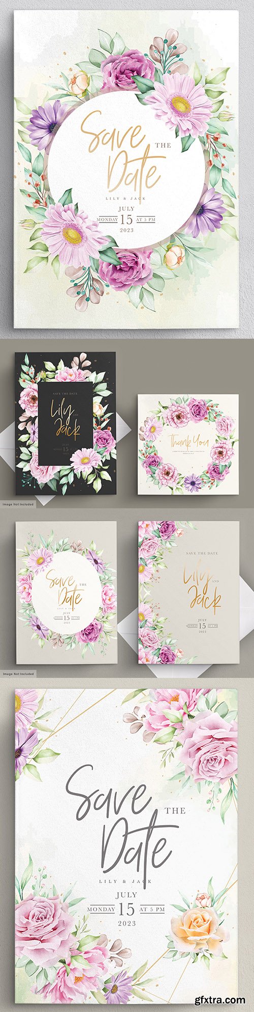 Set beautiful watercolor flowers wedding cards and invitations
