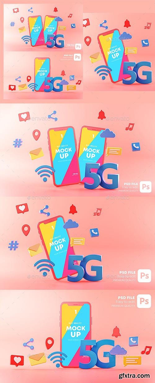 GraphicRiver - 5G Phone Concept Wifi Connection on Pink Background With Icons 3D Rendering. Mockup Template 29902902