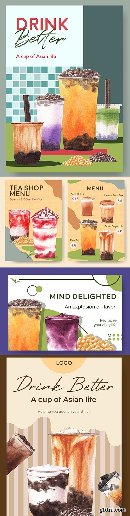 Menu template and banner with bubble tea with milk xA;