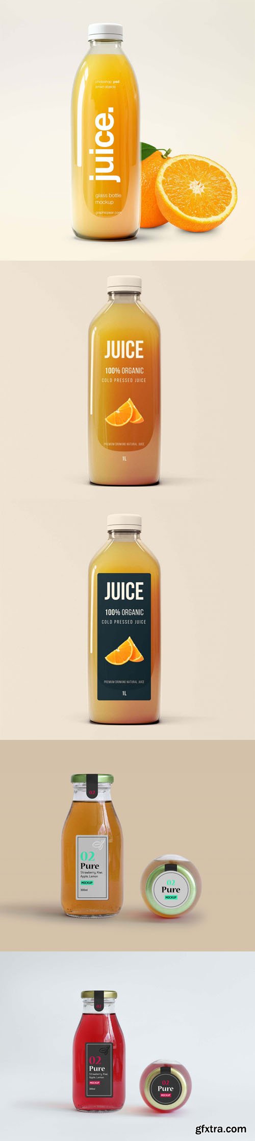 Transparent Glass Juice Bottles PSD Mockups Templates Collection