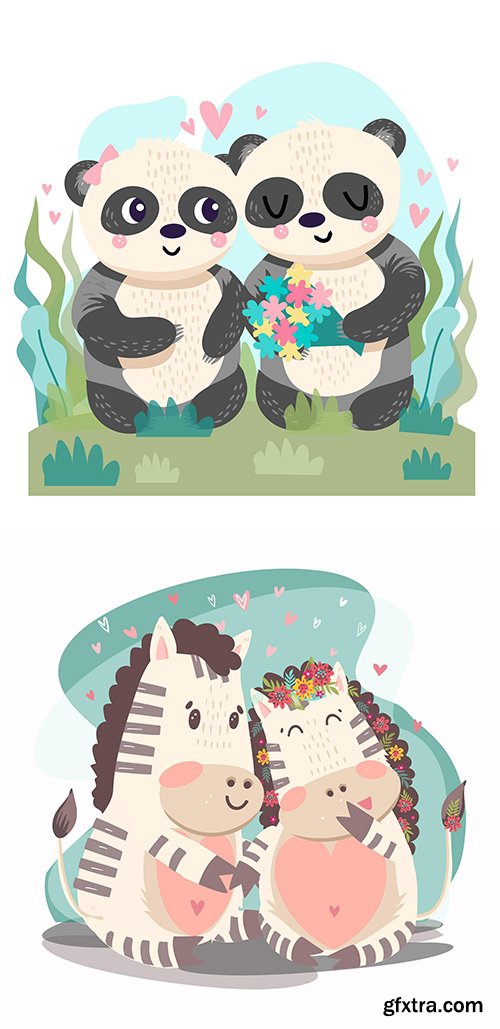 Hand-Drawn Valentines day animals couple