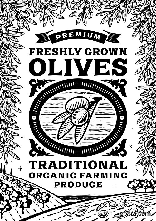 Retro Olives Poster Black And White