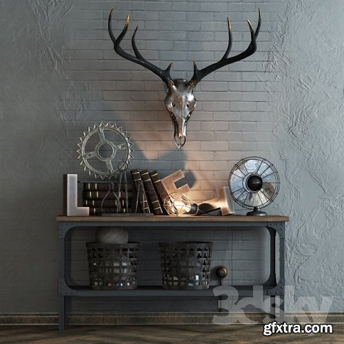 Decorative set with a deer skull 3D Model