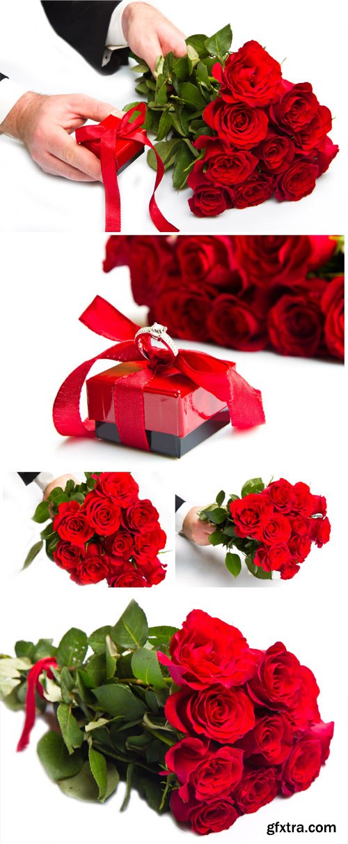 Bouquet of roses and box with a ring romantic stock photo