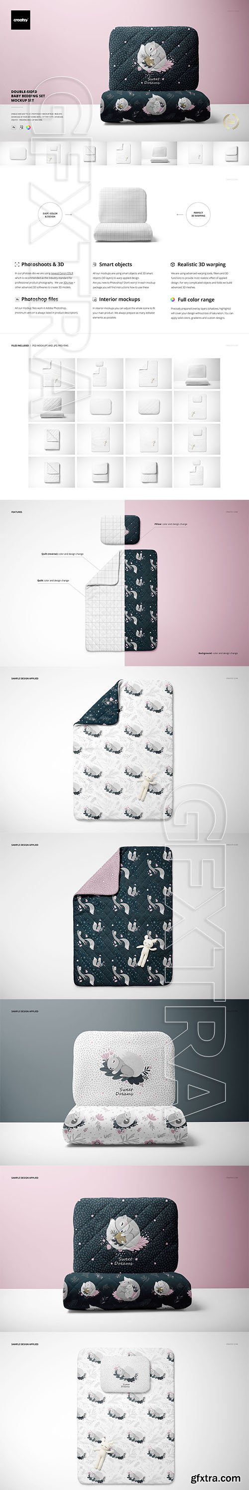 CreativeMarket - Double-sided Baby Bedding Set Mockup 5618730