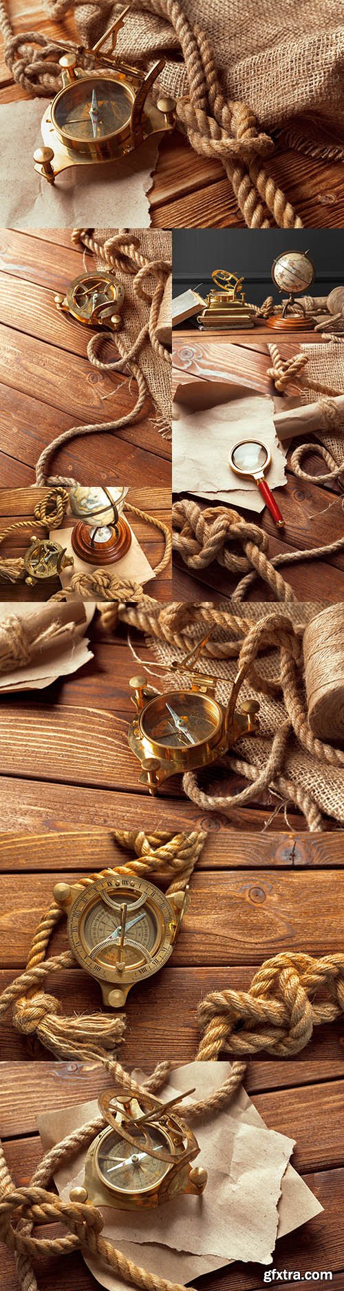 Antique things compass, rope and maps for travel
