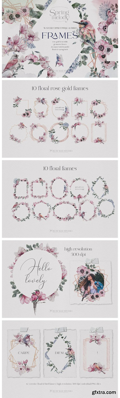 Watercolor Floral Rose Gold Frames PNG 7637209