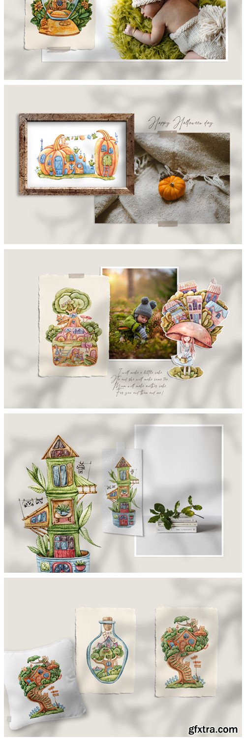 Watercolor Fairy Houses Clipart BUNDLE 7238665