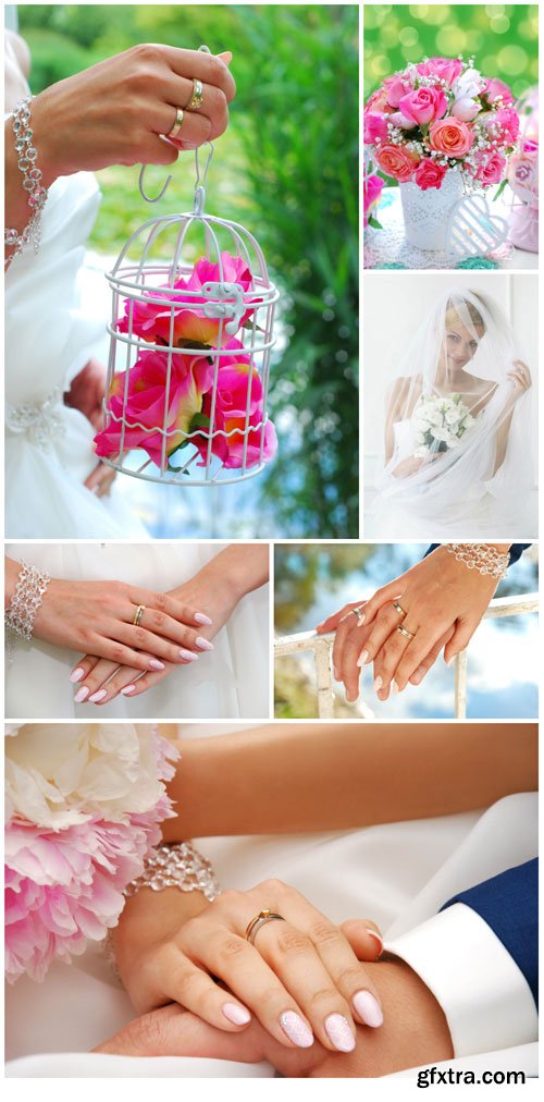 Wedding set, hands of bride and groom stock photo