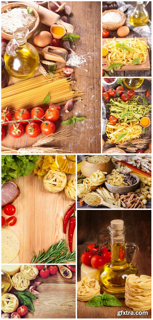 Pasta, tomatoes, eggs and herbs stock photo