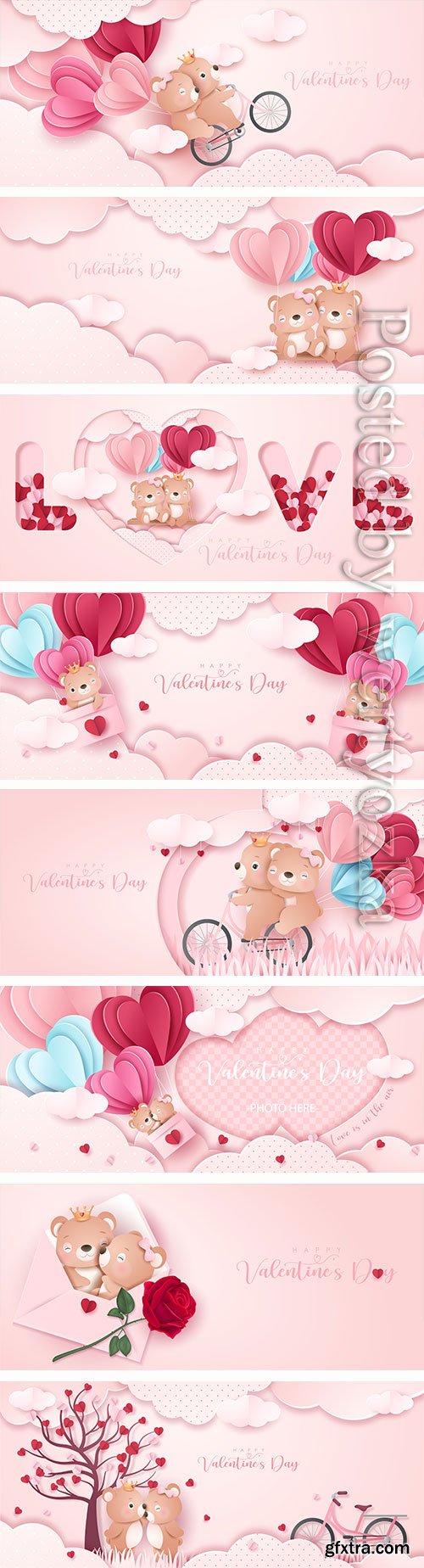 Cute doodle bear for valentines day in paper style banner