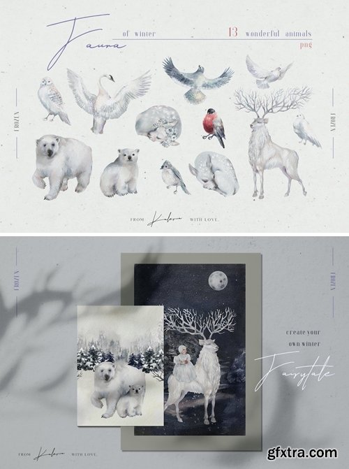 Winter fauna - watercolor animals illustrations