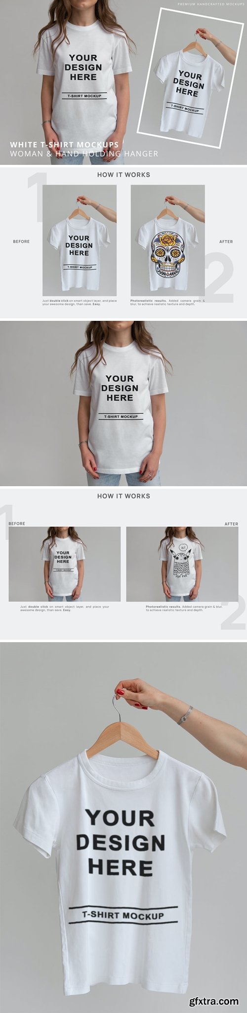 White Minimalistic T-Shirt Mockups Woman & Hanger