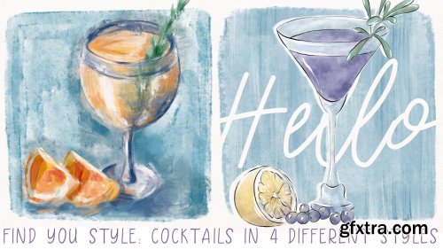  Find your style: 4 cocktails in different styles - digital illustration in Procreate on Ipad