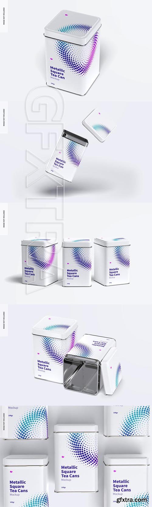 Metallic square tea tin cans set mockup,