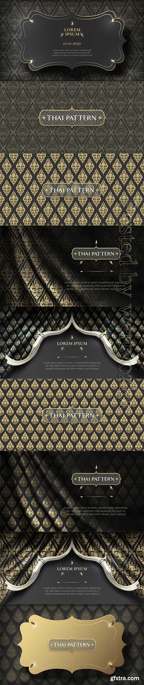 Traditional hand drawn black and gold thai flower pattern background