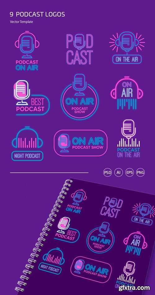 9 Podcast Logo Set PSD Templates + Vector