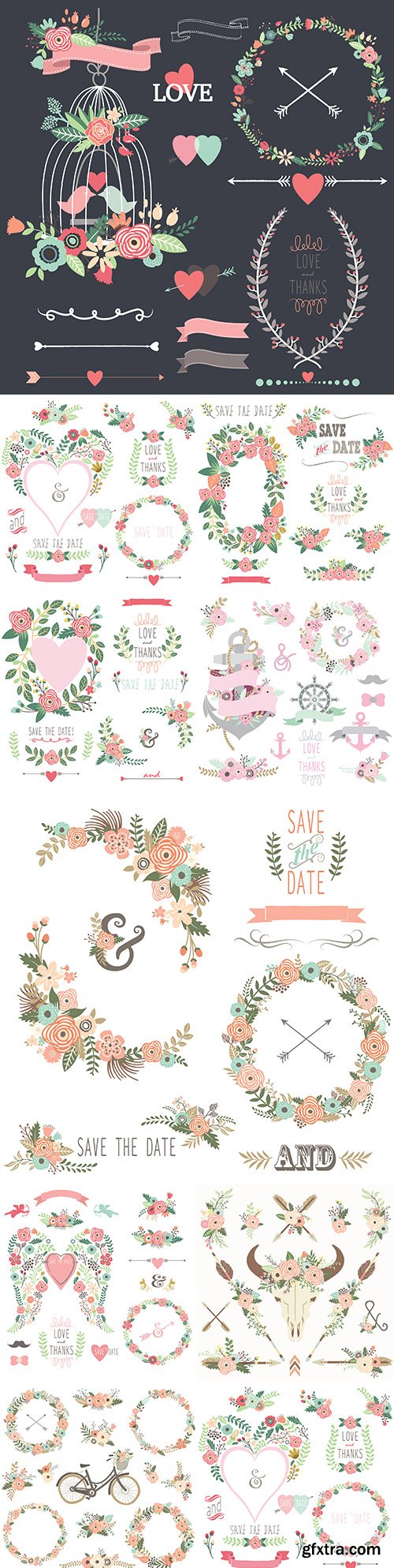 Vintage floral composition and old floral wreath and elements
