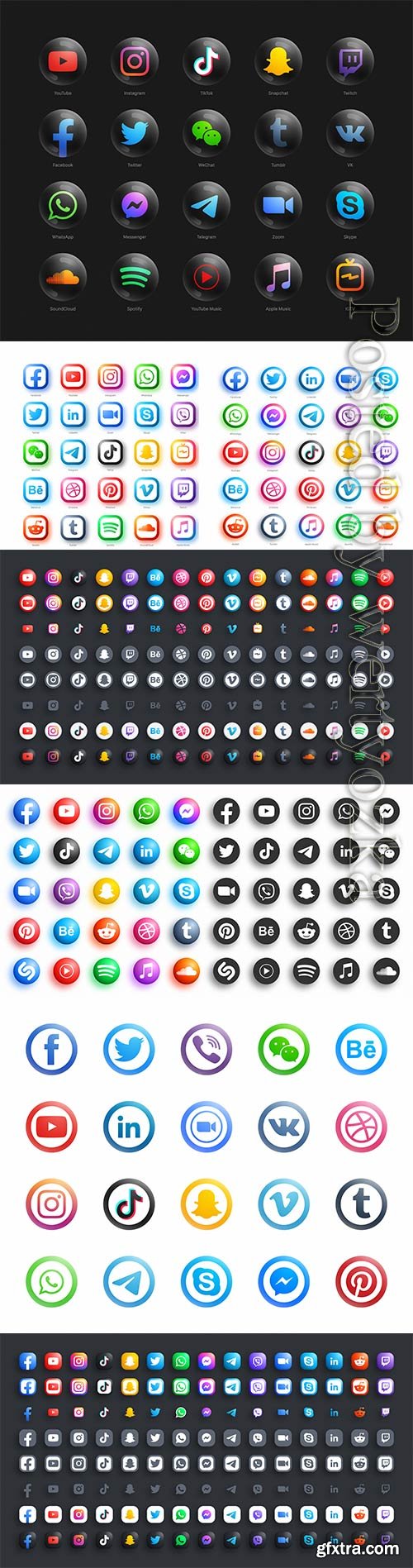 Social media network modern round black web icons set