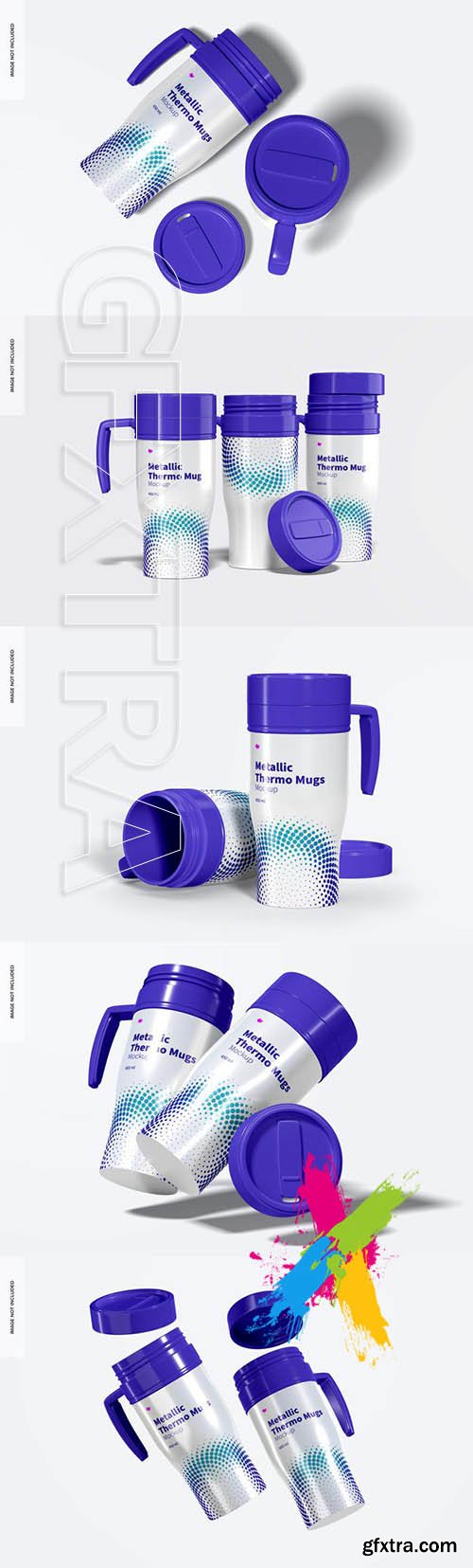 Glossy metallic thermo mug with blue lids mockup