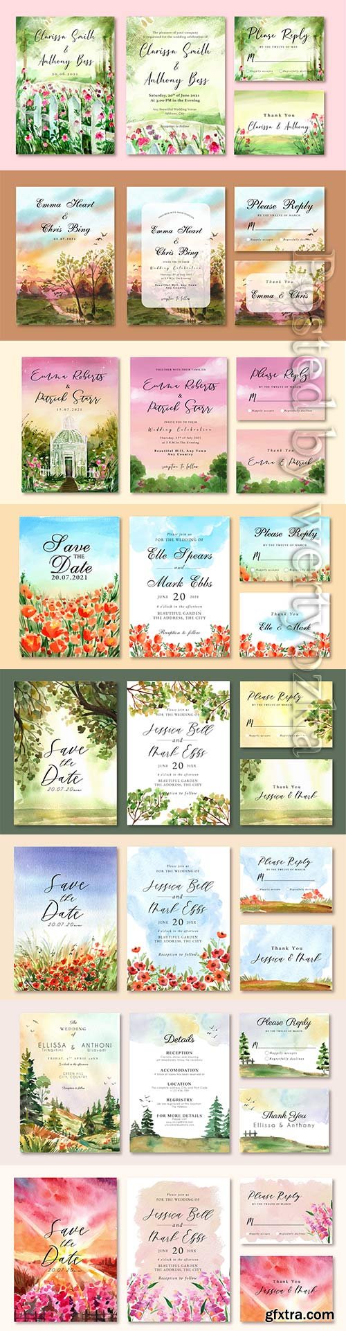 Vector floral watercolor wedding invitation