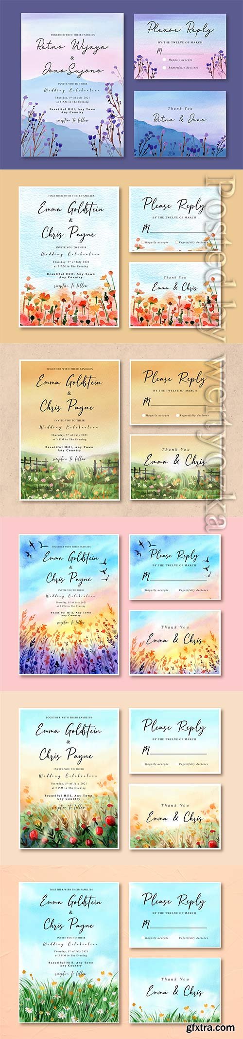 Floral watercolor vector wedding invitation