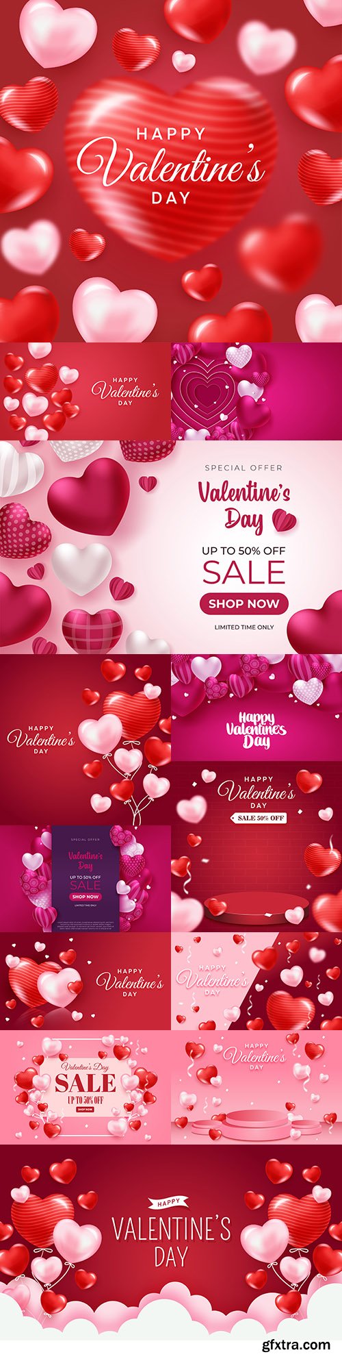 Valentine's Day illustrations with heart-shaped balloons
