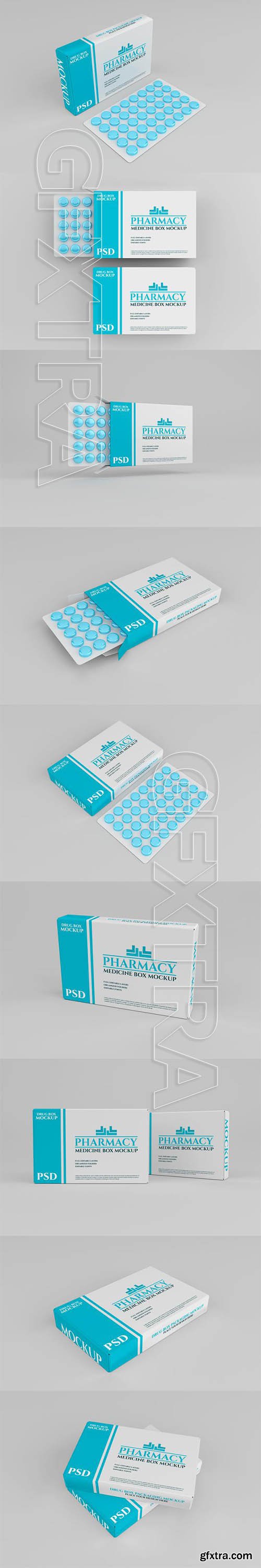 Drug box mockup with pills in pharmacy concept