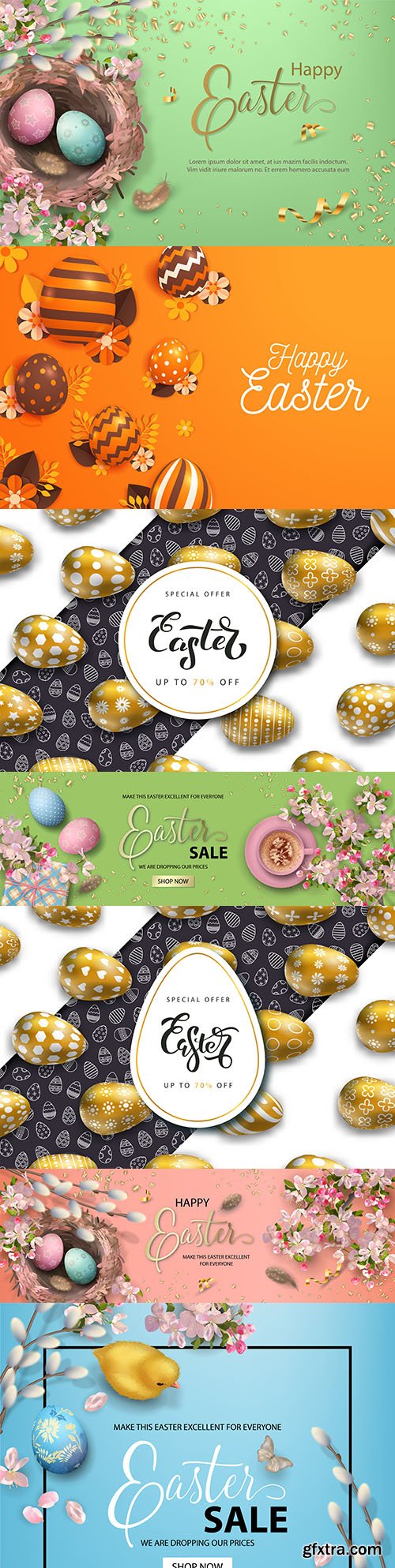 Happy Easter banners with golden eggs and flowers
