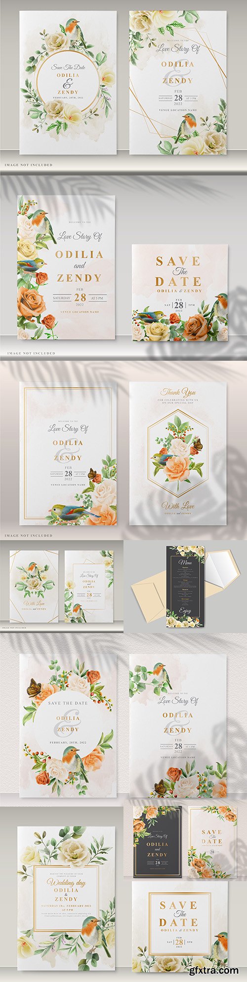 Beautiful wedding invitation template with flowers and birds
