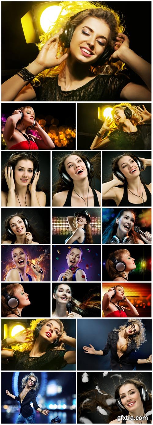 Girls with headphones listening to music and singing stock photo