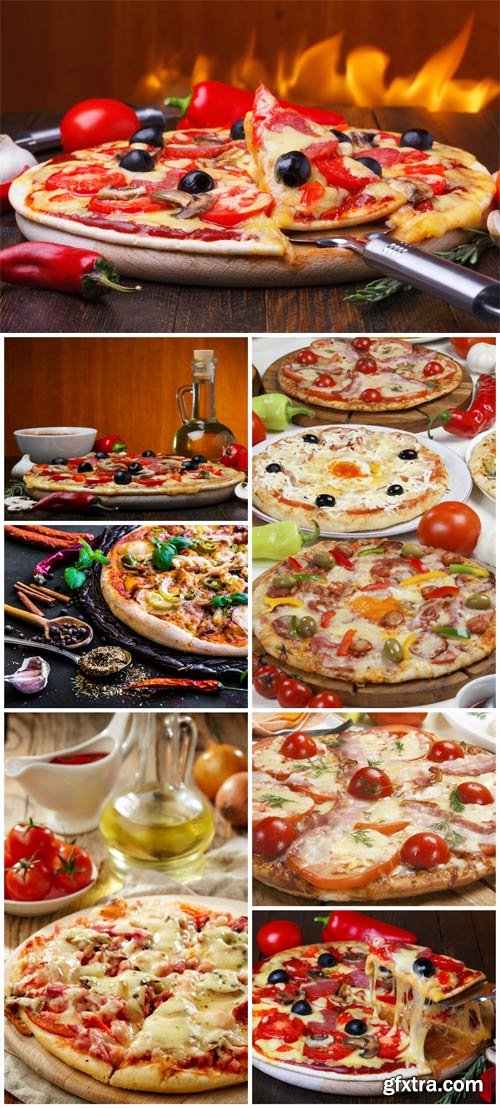 Pizza with tomatoes and olives stock photo